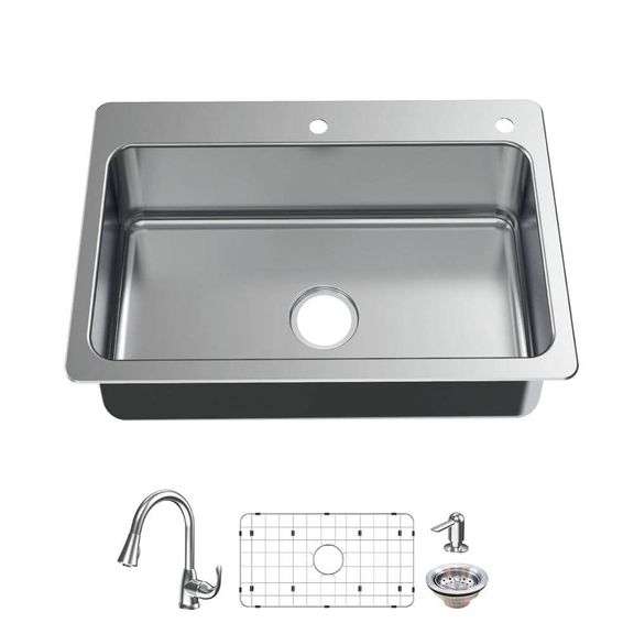 [✓] [MSRP: $299.00] Glacier Bay Bratten 33 in. Drop-In Single Bowl 18 Gauge Stainless Steel Kitchen Sink with Pull-Down Faucet