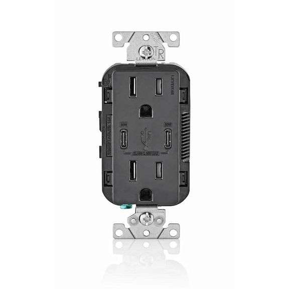 [✓] [EXT MSRP: $146.92] Leviton Decora 15 Amp Tamper Resistant Duplex Outlet with 30W USB-C Power Delivery Charger, Black (1-Pack) T5635-E