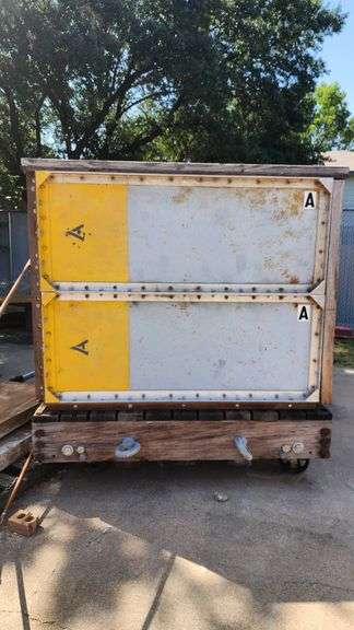 TEXAS INSTRUMENTS PORTABLE ARMORED 1/2inch THICK SOLID SHEET STEEL PANEL SAFE ROOM OR TORNADO SHELTER 8ft x 10ft  ON CUSTOM PLATFORM DOLLY. EACH ARMORED PANEL IS MADE OF TWO 1/4" SHEETS OF STEEL , EACH ARMORED PANEL IS 1/2" THICK, INCLUDES HATCH AND ONE DOOR.