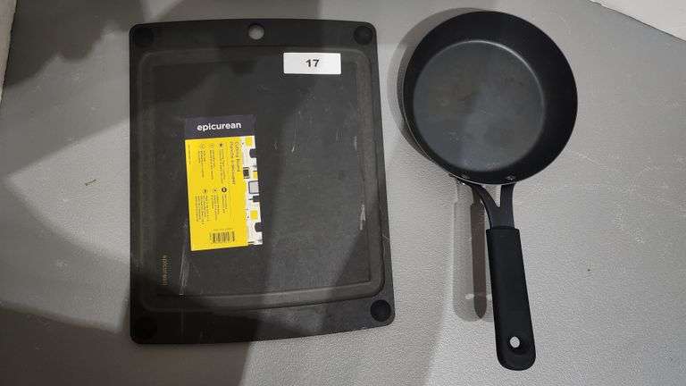ASSORTED LOT; OXO CARBON STEEL OBSIDIAN SERIES 8inch PRE-SEASONED FRYPAN WITH SILICONE SLEEVE MSRP $50, EPICUREAN CUTTING BOARD 11x14inch; SOLD BY PIECE
