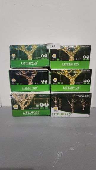 TOUCH OF ECO LITEUP125 AND LITUP225 OUTDOOR SOLAR LED STRING LIGHTS, 4 BOXES OF 125, 2 BOXES OF 225 LED LIGHTS FLASH/STEADY AND 2 MOUNTING OPTIONS, SOLD BY PIECE