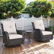 [MSRP: $314.00] Pocassy Brown 3-Piece Wicker Patio Conversation Deep Seating Set with Beige Cushions All-Weather Swivel Rocking Chairs