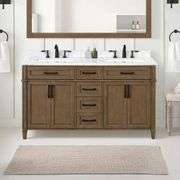[✓] [MSRP: $1,379.00] Home Decorators Collection Caville 60 in. W x 22 in. D x 34.5 in. H Double Sink Bath Vanity in Almond Latte with Carrara Marble Top with Outlet [damaged]