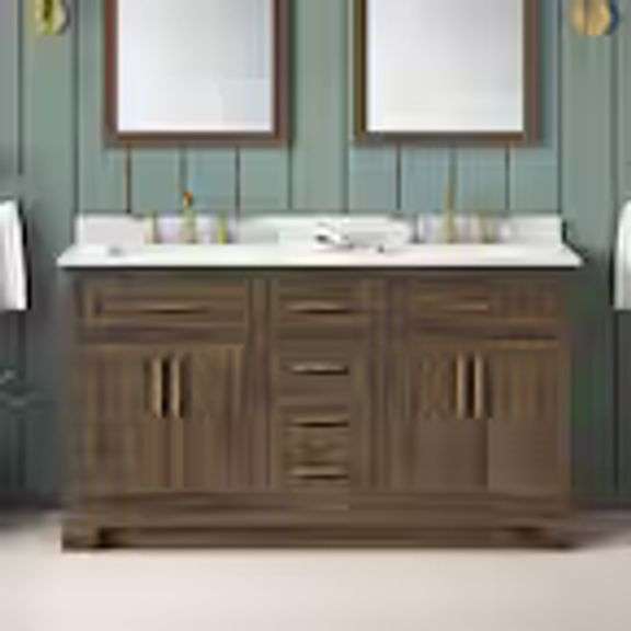 DOVETON 60 IN. DOUBLE SINK DARK WALNUT BATH VANITY WITH WHITE ENGINEERED MARBLE TOP $899.00 @ THE HOME DEPOT