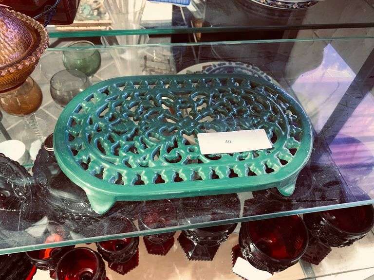 Vintage Enamel Green Cast Iron footed Trivet