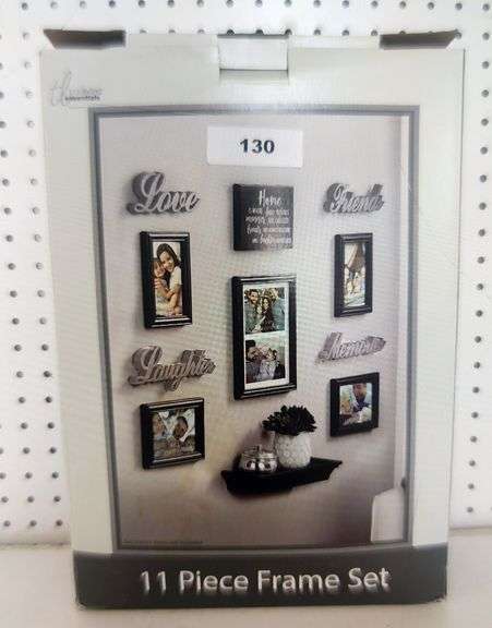 TRUE LIVING ESSENTIALS 11 PIECE FRAME SET INCLUDES COLLEGE FRAME, 4 PHOTO FRAMES, 1 LOVE PLAQUE, 1 FRIENDS PLAQUE, 1 LAUGHTER PLAQUE, 1 MEMORIES PLAQUE, 1 RECTANGULAR PLAQUE, AND 1 SHELF