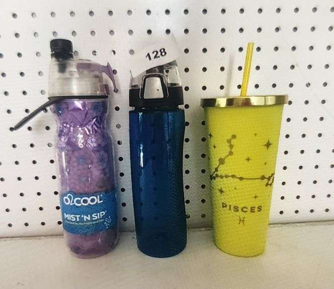 BLUE THERMOS WATER BOTTLE, MODERN EXPRESSIONS ZODIAC TUMBLE CUP,AND O2 MIST 'N SIP PINK WATER BOTTLR