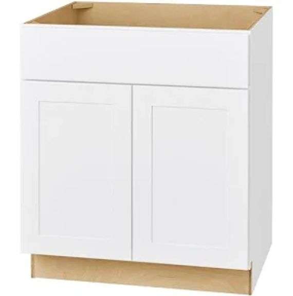 Hampton Bay Sink base cabinet soft close 30in W x 34.5in H x 24in D model 1006596139 *Avondale Shaker Alpine White retail $289.00