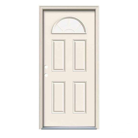 [MSRP: $329.00] JELD-WEN 36 in. x 80 in. Fan Lite Primed Steel Prehung Right-Hand Inswing Front Door w/ Brickmould [Damaged As Is ]