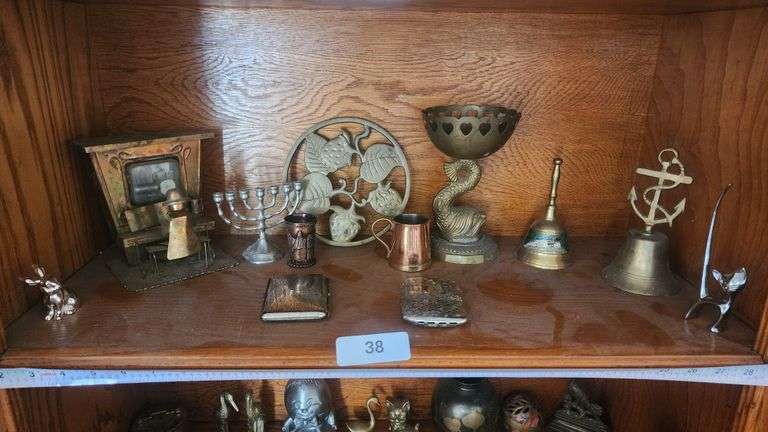 BRONZE, STEEL AND COPPER DISPLAY FIGURINES, ASSORTMENT OF THEMES, VINTAGE CIGARETTE CASE, HAND WARMER, BELLS, WIND UP MUSIC BOX,  AND OTHER TRINKETS, SOLD BY PIECE