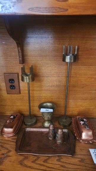 COPPER AND BRASS HOME DÉCOR, BRASS CANDLESTICK HOLDERS AND CHALICE, COPPER BUTTER DISHES AND SERVING TRAY W/ SALT & PEPPER SHAKERS