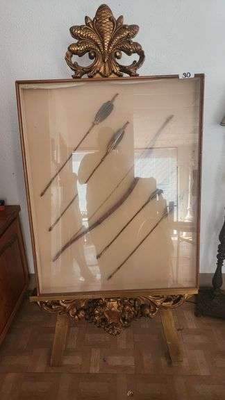 ANTIQUE BOW AND ARROW SET IN DISPLAY CASE AND EASEL