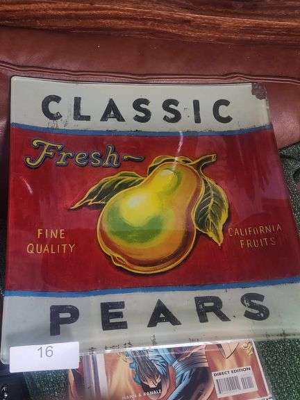 GLASS SERVING DISH FEATURING THE "CLASSIC PEARS" LABEL DESIGN BY ARTIST ANGELA STAEHLING.VALUE $60