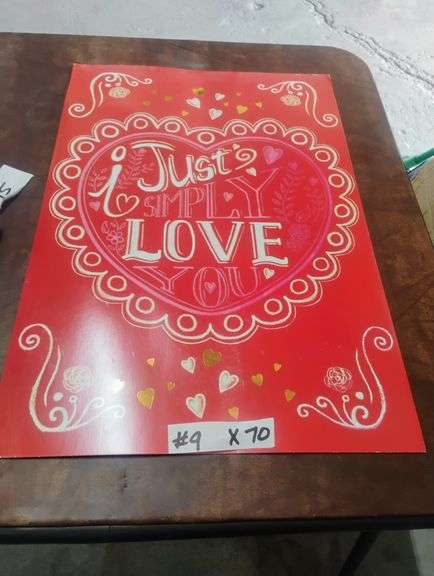 Large Red 'I Just Simply LOVE YOU' Greeting Card. This is a large red greeting card featuring a central heart design with the message 'I Just Simply LOVE YOU' surrounded by gold and white heart accents. - $5.00