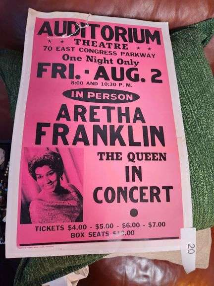 VINTAGE CONCERT POSTER ADVERTISING AN ARETHA FRANKLIN PERFORMANCE AT THE AUDITORIUM THEATRE IN CHICAGO