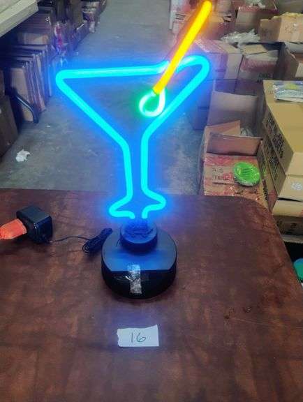 LED Neon Martini Glass Table Lamp with Straw and Olive. This is a decorative tabletop LED neon sign shaped like a martini glass with a straw and olive, providing ambient light for various settings. - $55.00