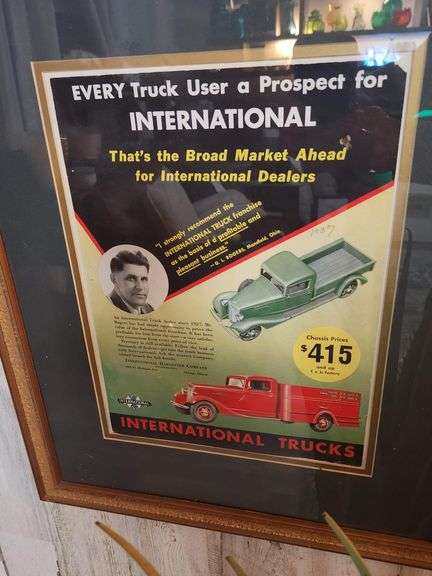 FRAMED VINTAGE AD FOR INTERNATIONAL TRUCKS (ORIGINAL NOT REPRODUCTION)