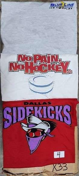Three-Piece Sports Fan T-ShirtS.  three distinct short-sleeve t-shirts, featuring a BlueLine Ice Complex logo, a 'No Pain, No Hockey' graphic, and a Dallas Sidekicks team design. - $20.00