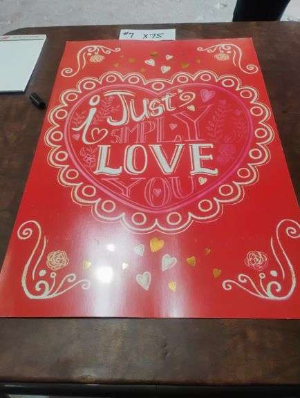 Valentine's Day 'Just Simply Love You' oversized cards, several designs. These large cards feature a heartfelt 'Just Simply Love You' message within a decorative heart design, embellished with white scrollwork and golden heart accents. - $5.00
