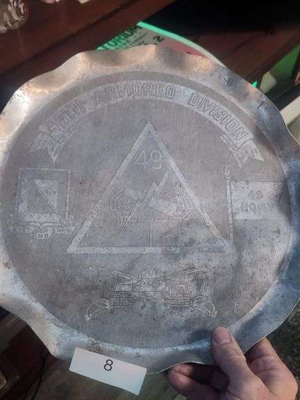 VINTAGE RWP WILTON PEWTER PLATE FEATURING THE INSIGNIA OF THE 49TH ARMORED DIVISION. VALUE $125