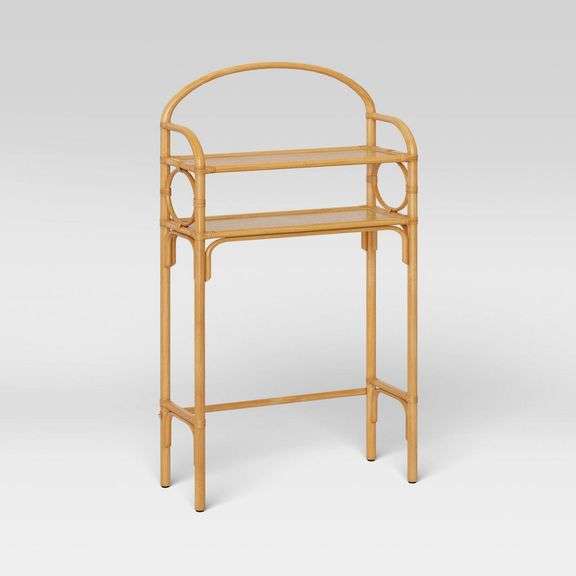 [MSRP: $150.00] Rattan Etagere Tan - Threshold™: Freestanding Over Toilet Storage, Lacquered Wicker with Fixed Shelves