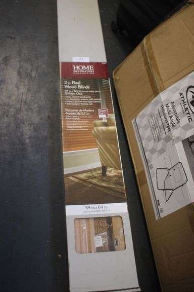 53.75HOME DECORATORS COLLECTION 2" REAL WOOD BLIND, 59" X 64" - GOLDEN OAK $53.75