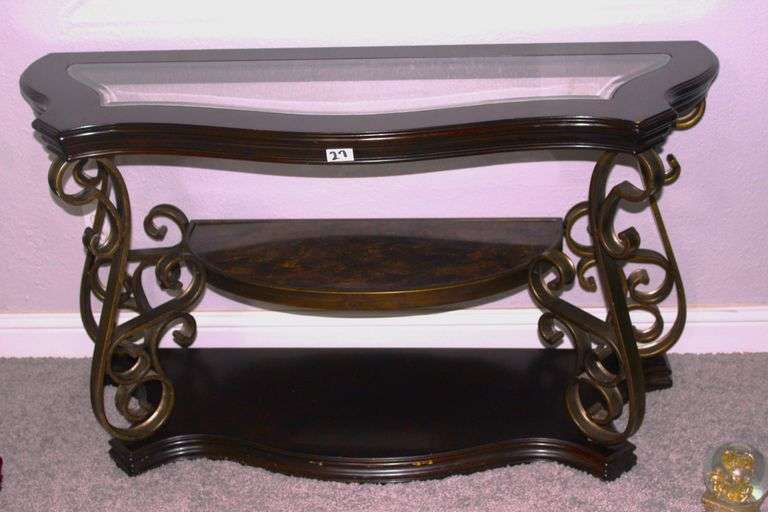 HEAVY WOOD & GLASS TRIPLE TIER WITH METAL ACCENTS 54 W X 20 D X 30 H EST. 379.00