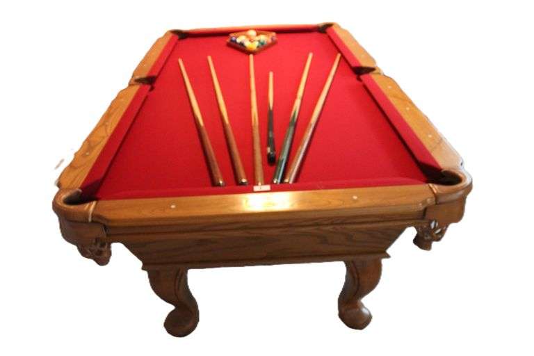 CONNELLY 7FT. RED FELT POOL TABLE W/POOL BALLS,RACK,NINE BALL RACK POOL WUES BRUSH AND STAND