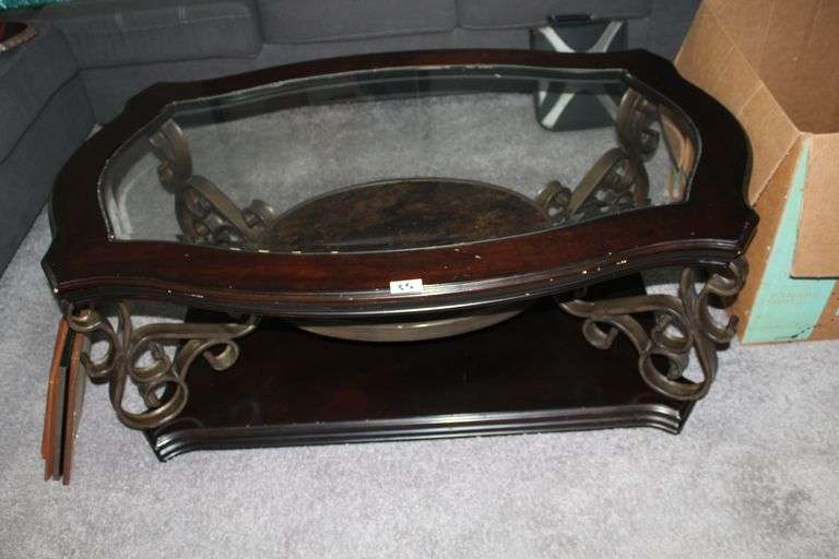 ELEGENT WOOD GLASS AND METAL TRIPLE TIER COFFEE TABLE 48 X 26 X 20 EST. 250.00 EA
