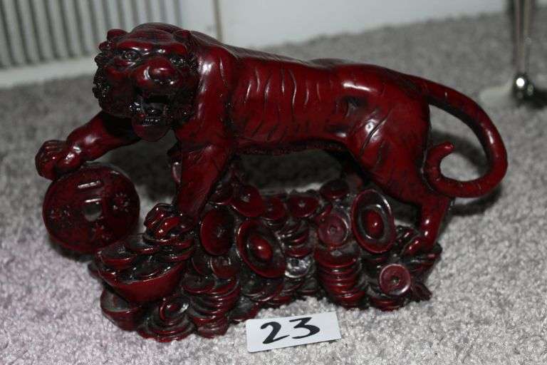 HEAVY DEEP RED RESIN FOO DOG FIGURINE EST, 37.00