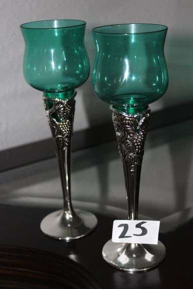 SILVER PLATE ENGRAVED GRAPEVINE W/ TURQUOISE GLASS CANDLE HOLDERS