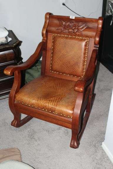 HARD ROCK MAPLE BOSTON ROCKER MAGNOLIA FLOWER ACCENT, TOP LEATHER SEAT WITH STUD ACCENT APPROX. 398.00