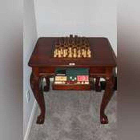 ELEGANT WOOD CHESS BOARD TABLE 30W X 23 X 3O H , WITH CHESS PIECES  AND BACK GAMMON PIECES  EST VALUE 675.00