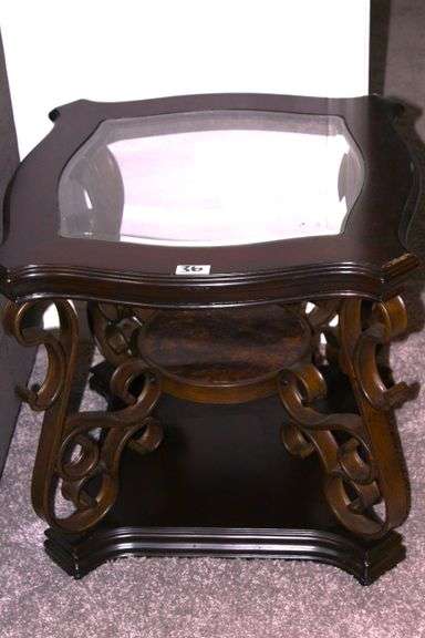 ELEGENT WOOD GLASS AND METAL TRIPLE TIER END TABLES  26 x 26 X 24 EST. 115.00 EA.