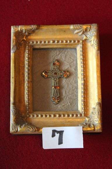 GOLDEN ORNATE FRAME 6" X 4" OF CROSS WITH GARNETS BY ARTIST BELINDA MILEY