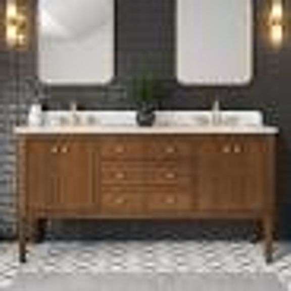Collette 72 in. Double Sink Freestanding Bathroom Vanity in Cinnamon Oak with White Carrara Marble Top (Assembled).  $2,699.00 reserve $750.00
