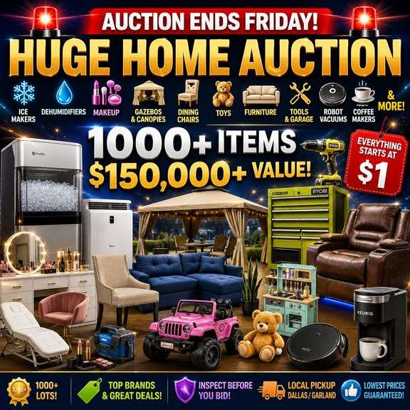 🚨BIDUP🚨 SHORT NOTICE AUCTION! 🛋️ FURNITURE • ❄️ ICE MAKERS • 💧DEHUMIDIFIERS • 💄MAKEUP • 🏕️ GAZEBOS • ⛺ CANOPIES • 🪑DINING CHAIRS • 🧸TOYS • ☕ KEURIG • 🛠️TOOLS • EVERYTHING STARTS AT $1