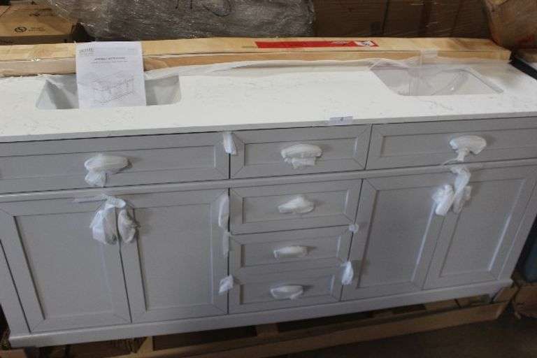 HOME DECORATORS TALMORE 72" DOUBLE VANITY IN SKY GREY ( HAS DAMAGE TO COUNTERTOP SINK IS BROKEN).
