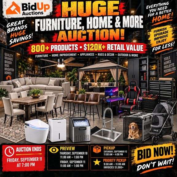 🚨BidUp🚨🚨 MASSIVE SHORT-NOTICE FURNITURE & ONLINE STORE LIQUIDATION AUCTION 🚨 900+ PRODUCTS | $150K+ RETAIL VALUE | SMART TOILETS, SOFAS, DINING CHAIRS, DESKS, CABINETS, AREA RUGS, APPLIANCES, FAUCETS CEILING FANS & MUCH MORE!