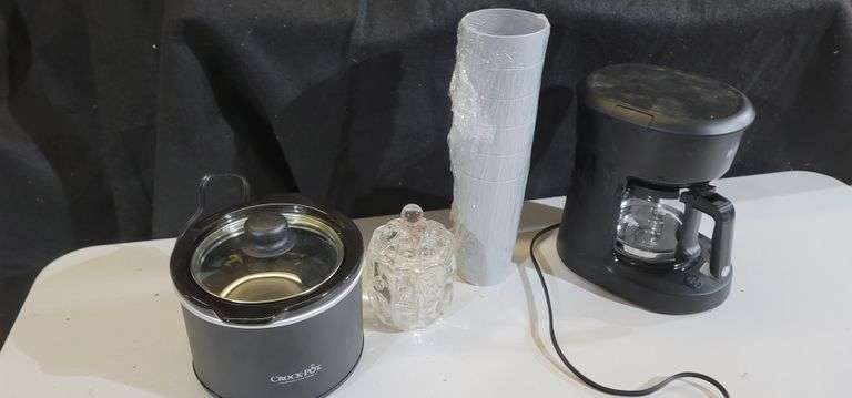 Mini Crock Pot, Mr Coffee 5 Cup, Plastic Glasses & Glass Lidded Jar