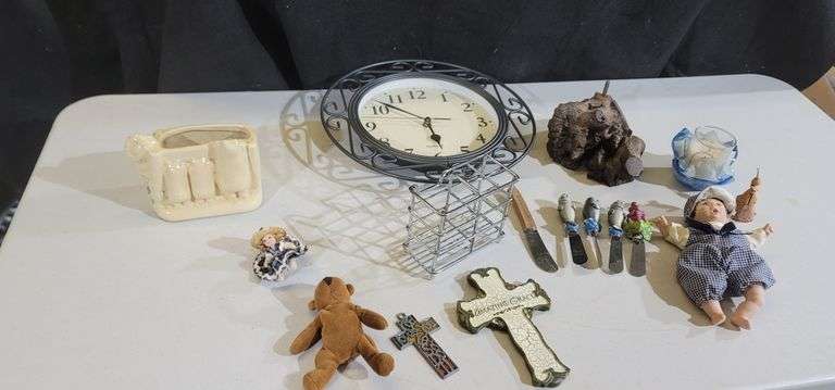 Clock, Real Life Baby, Petrified Wood and Ceramic Pig