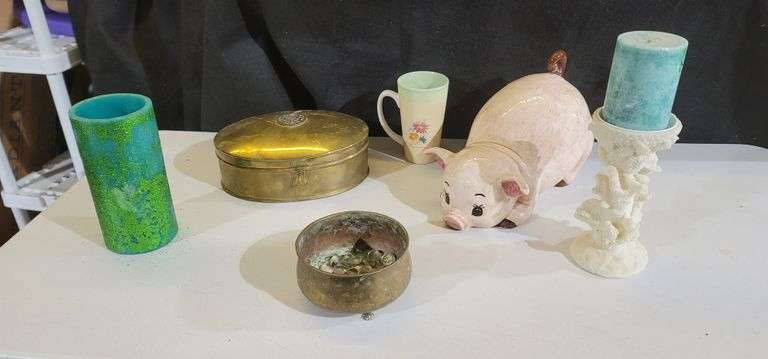 Ceramic Pig, Brass Oriental Container & Candles