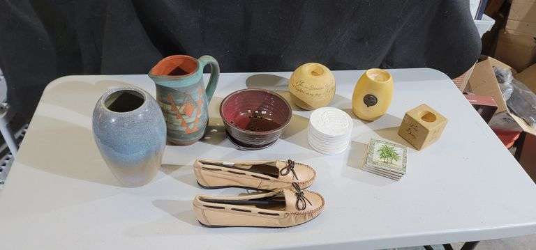 Coasters, Clay, Candles, Moccasins (sz 10 slim) & Berry Bowl