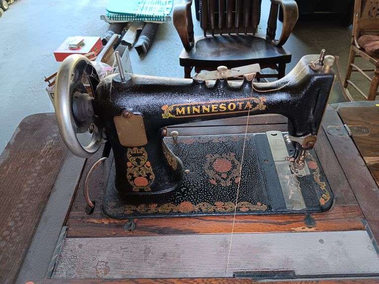 Antique Minnesota Sewing Machine in Table with Contents