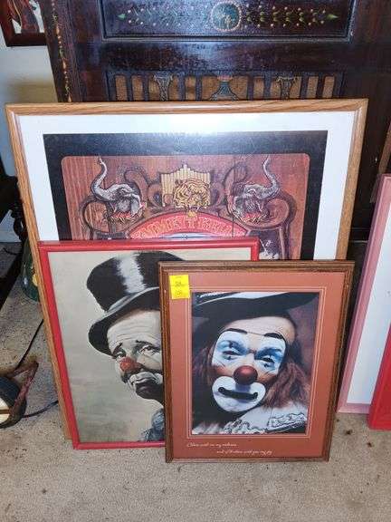 (1) Clown Print in Frame 15 x 20, (1) Sad Clown Print in Frame 17 x 21, and (1) Emmett Kelly 1969 Clown Print in Frame 25 x 31