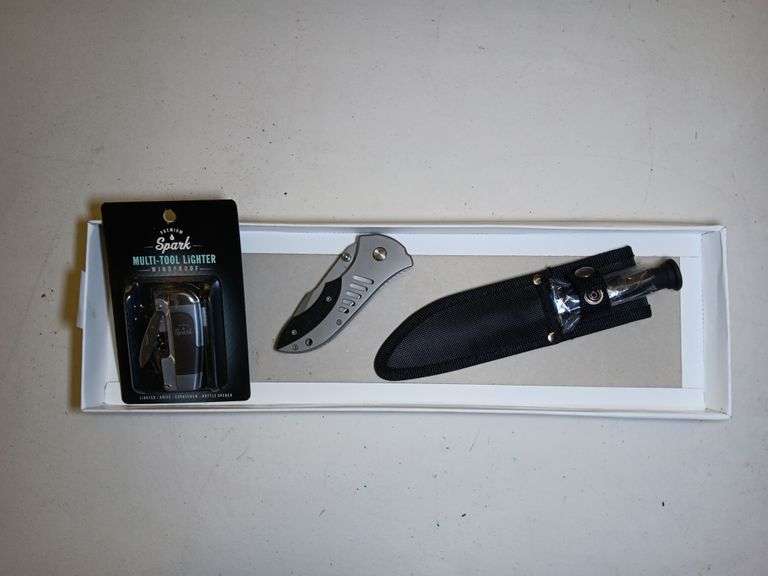 Spark Multi Tool Lighter, Pocket Knife with 3 1/2" Blade, and Black Legion Knife 4 1/2" Blade with Sheath