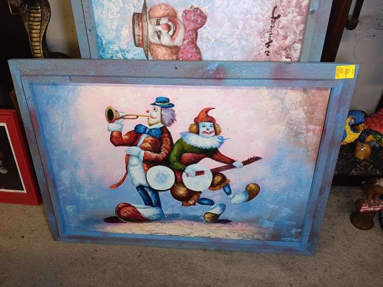(1) Clown Painting by Tayler 41 x 29 and (1) Clown Painting by W. Moniner Clown Painting 41 x 29