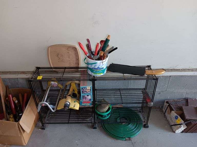 Metal Shelving Rack, Sprinklers, Hose, and Yard Tools