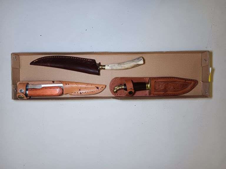 Eagle End Knife 4 1/2" Blade with Leather Sheath, Folding Knife 8" Blade with Leather Sheath, and Antler Handle Knife 5" Blade with Leather Sheath