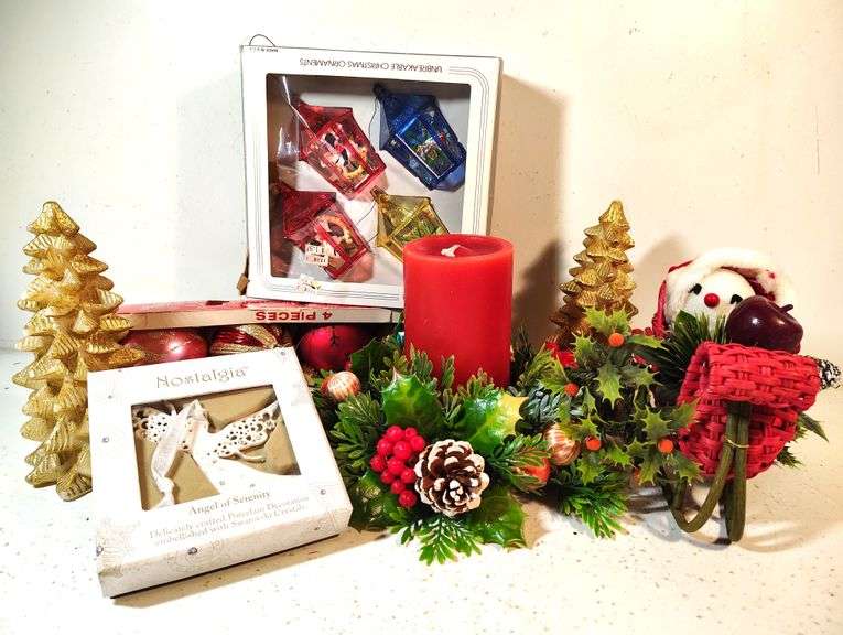 Christmas Tree Candle and Assorted Ornaments